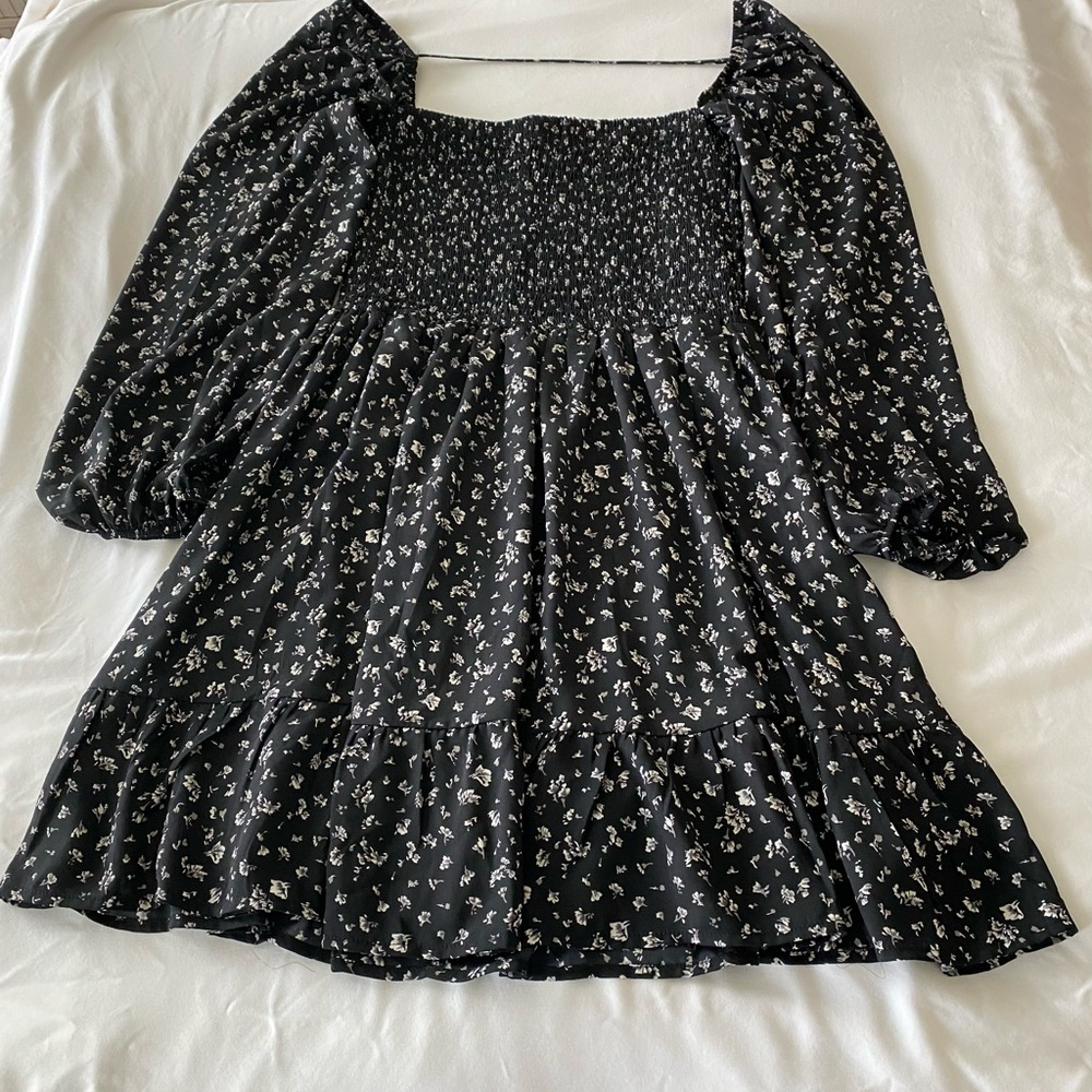 Smocked Square Neck Long Sleeve Maxi Dress - Black Floral